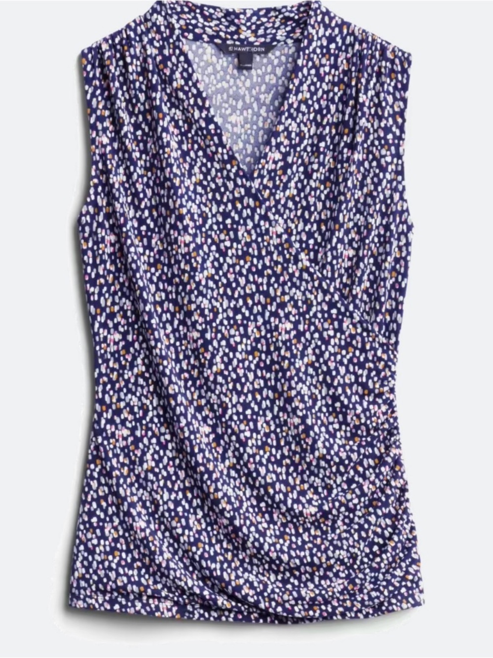 41 Hawthorn Navy Sleeveless V-Neck Dot-Print Shell with Pink and Gold Accents